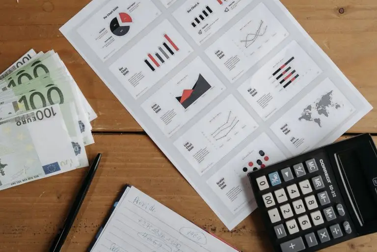 Financial graphs with a calculator and a stack of euro notes